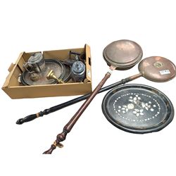 Two copper bed warming pans, silver plated teapot, mother of pearl inlaid tray and other metal ware