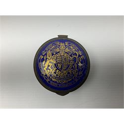Cylindrical music box with domed lid depicting the Music Room at Buckingham Palace and playing Mozart's 'Voi Che Sapete', limited edition 187 of 250, boxed, together with enamel box for the silver jubilee and a victorian paperweight of Scarbrough  