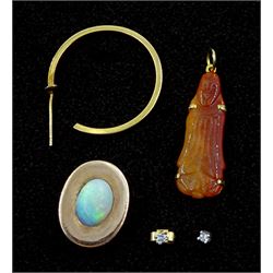 Pair of 18ct gold single stone diamond stud earrings, 14ct gold single opal earring, 14ct gold single hoop earring and a gilt stone pendant