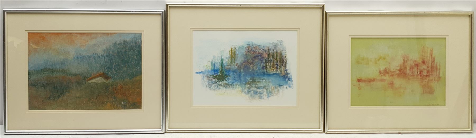 Madeleine Eyland (Belgian/British 1930-2021): 'Only Silence', 'Hope and Mystery' and 'Sepia Seascape', three pastels signed, max 22cm x 30cm (3) 
Provenance: artist's studio collection. Marie-Madeleine Eyland (neé Legrain) was born in 1930 at Floriffoux, Belgium; she lived most of her life in Scarborough working as a nurse and an artist.