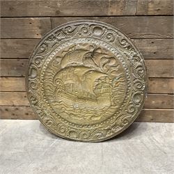 Whisky box, cast iron police sign, embossed brass wall hanging, two small oak cabinets