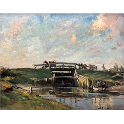 Bertram Priestman RA ROI NEAC (British 1868-1951): 'The Sluice Gate in Suffolk, oil on panel signed and dated '19, titled verso 39cm x 49cm
Provenance: with the 'Fine Art Society', label verso exh. March 1926 No.32,