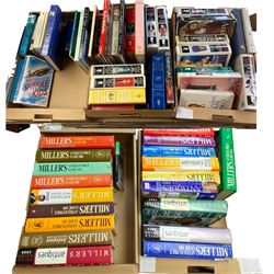 Large collection of books, mainly antique reference books, including Miller's guides, Lyle antiques guide, clock guides etc, in five boxes 