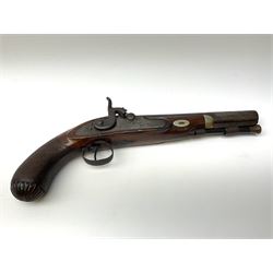 19th century flintlock converted to percussion cap target pistol, the 20.5cm barrel engraved with a sunburst motif to the top and ramrod under, foliate engraved lock-plate and trigger guard, silver plated fittings, walnut stock with chequered grip and melon fluted butt L35.5cm overall