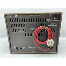 1950s Bush AC41 mahogany cased valve radio, 1930s Philips 588A with walnut veneer case, and 1940s Cossor Model 77, tallest H47cm W36cm D24cm