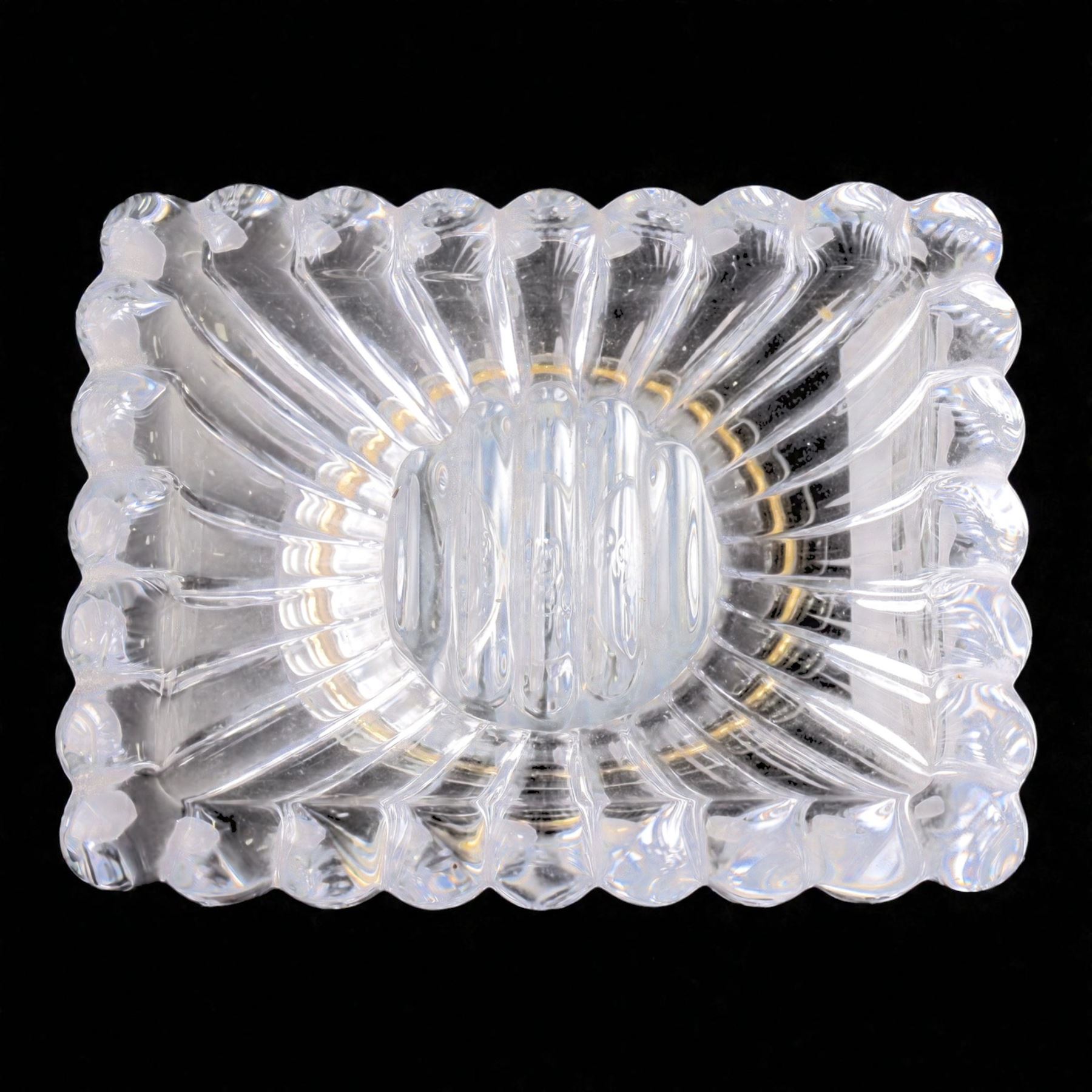  Glass vanity dish and pair of lidded vessels, retailed by Harrods, dish L17cm, H7cm