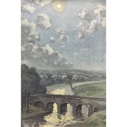 Hurst Balmford (British 1871-1950): 'Grassington Bridge by Moonlight', oil on canvas board unsigned, original title label verso 51cm x 35cm