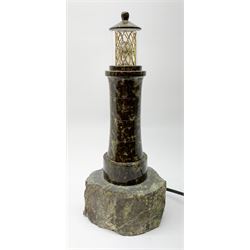 20th century Cornish Serpentine table lamp modelled as a lighthouse, H29cm  