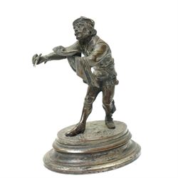 Early 19th century bronze 'go to bed' in the form of a seated Chinese figure on a rococo base W11cm and a plated on copper figure of a swordsman H12cm (2)
