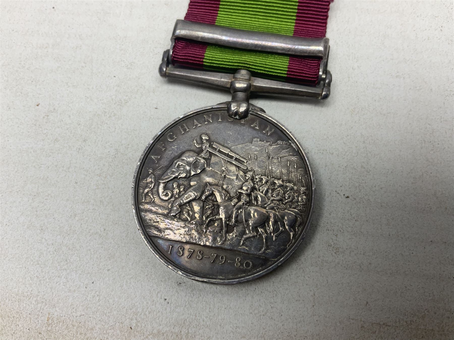 Victoria 2nd Afghanistan War Medal 1878-79-80 with clasp for Kandahar, awarded to 397 Gunr. W. Hogg C. Batt. 2nd Bde. R.A. with ribbon