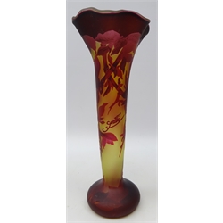  Galle style cameo glass trumpet shaped vase with waved rim, H33cm   