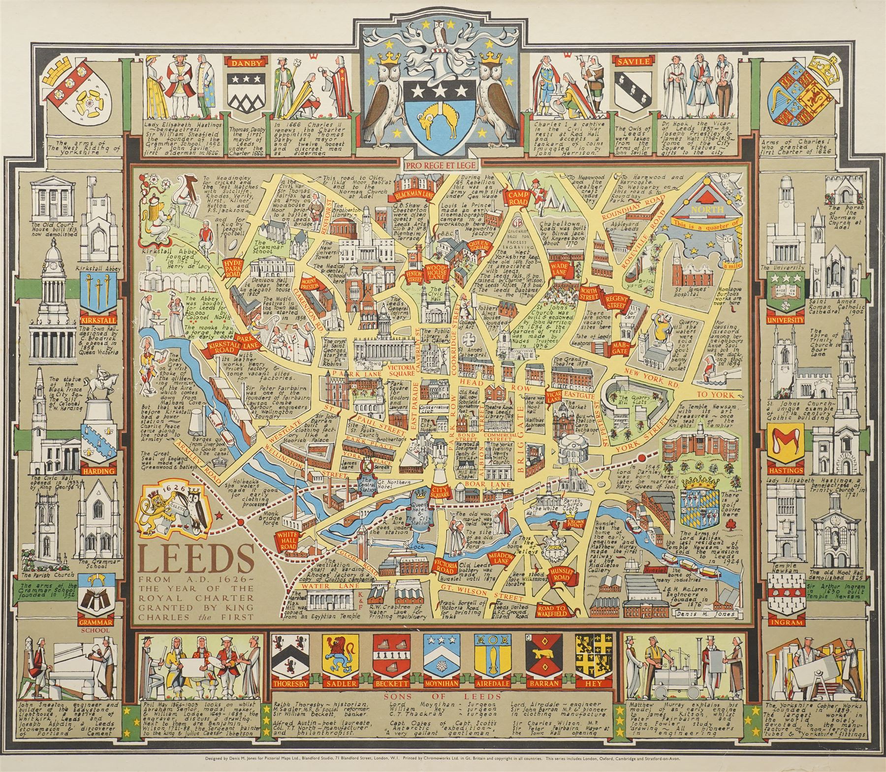 Denis Mason Jones (British 1918-2010): 'Leeds from AD 1626',  pictorial colour map with major events and churches to the margins 54cm x 66cm 