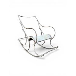 Pair of white painted cast metal garden chairs, ornate reclined backs, circular pierced seats on cabriole legs