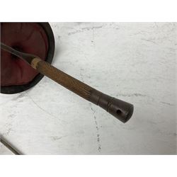 20th century Indian Tulwar sword with 71cm plain curving steel blade and iron hilt with extended langets, knopped grip and spiked pommel; in canvas covered wooden scabbard L87.5cm overall; together with five fencing swords comprising four foils and one epee, three marked Leon Paul, one in carrying case (6)