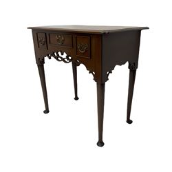Georgian style mahogany lowboy, the moulded rectangular top over three drawers and shaped pierced apron, on cabriole supports