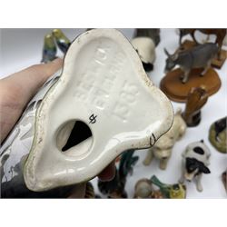 Beswick pigeon no 1383 and a collection of other ceramic animal figures including Campsie Ware lustre budgies, Kowa red fox and Labrador, two shire ponies, two sheep, etc 