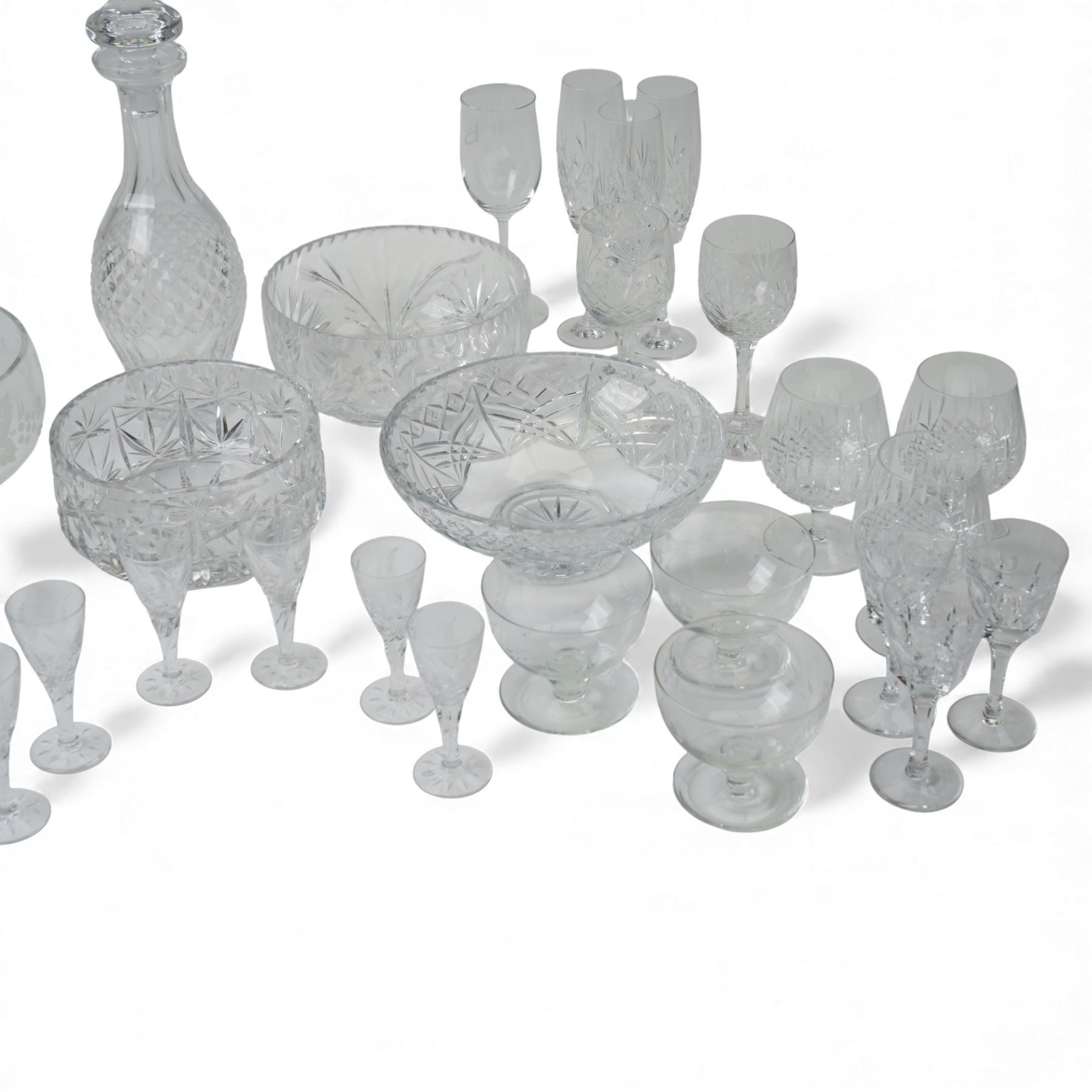Waterford Crystal 'Colleen' pattern cut glass decanter, H34cm; together with other crystal wares including Stuart and Edinburgh examples, many unmarked