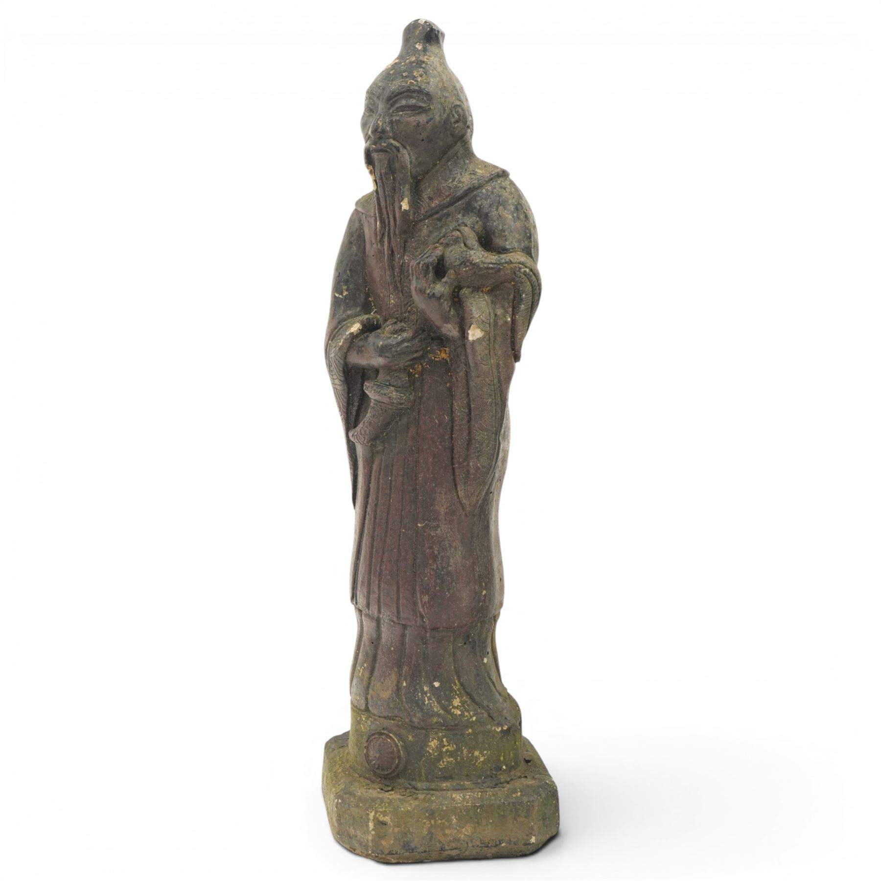 Set of four Chinese style composition figures, depicting robed attendants and elders, including examples with fan and fish, raised on moulded bases, tallest 98cm