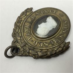 London Pitt Club oval silver gilt members badge, with cameo portrait of William Pitt on black glass within border, beneath laurel wreath, members name L. Smith. Esq 