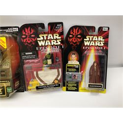 Star Wars - twenty-five 1998/1999 Star Wars Episode One figures and accessory sets by Hasbro in original card backed packaging; both Collection 1 and 2 with Electronic Commtalk reader for each figure's commtalk chip.