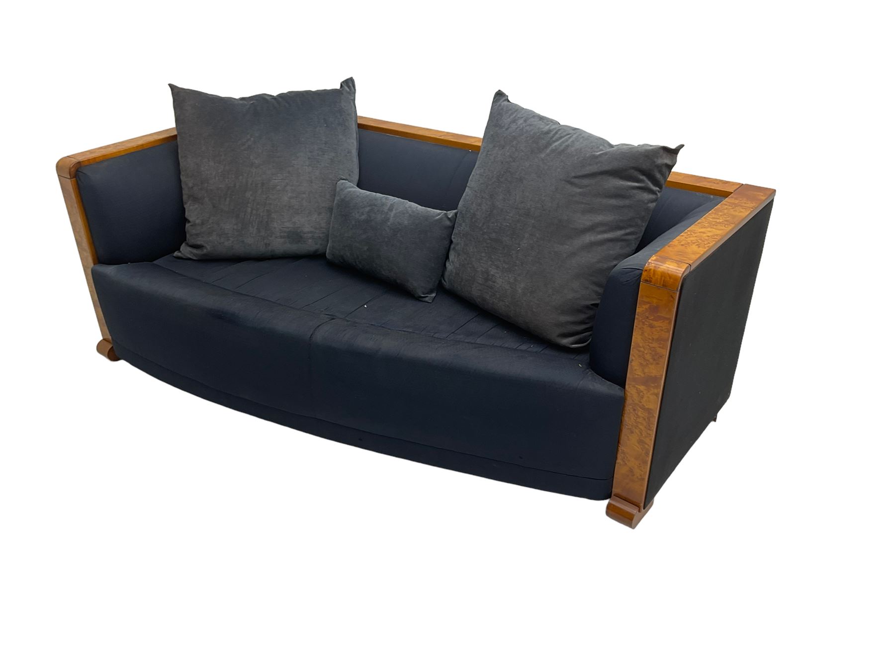 Thörmer Polstermöbel - Art Deco style sofa, of curved tapering form, framed in figured burr elm, upholstered in blue fabric with loose cushions