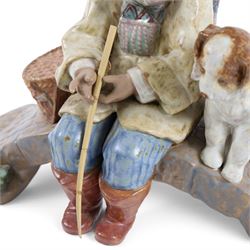 Lladro gres figure Boy on Bridge no.2237, together with Winter Boy no 5220 and a Nao figure
