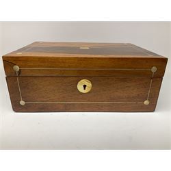 Table top stained wood three drawer chest, with brass loop drop handles, H31cm, and another oak box with mother of pearl inlay decoration, the hinged lid lifting to reveal a lift out tray above compartmented section (2)