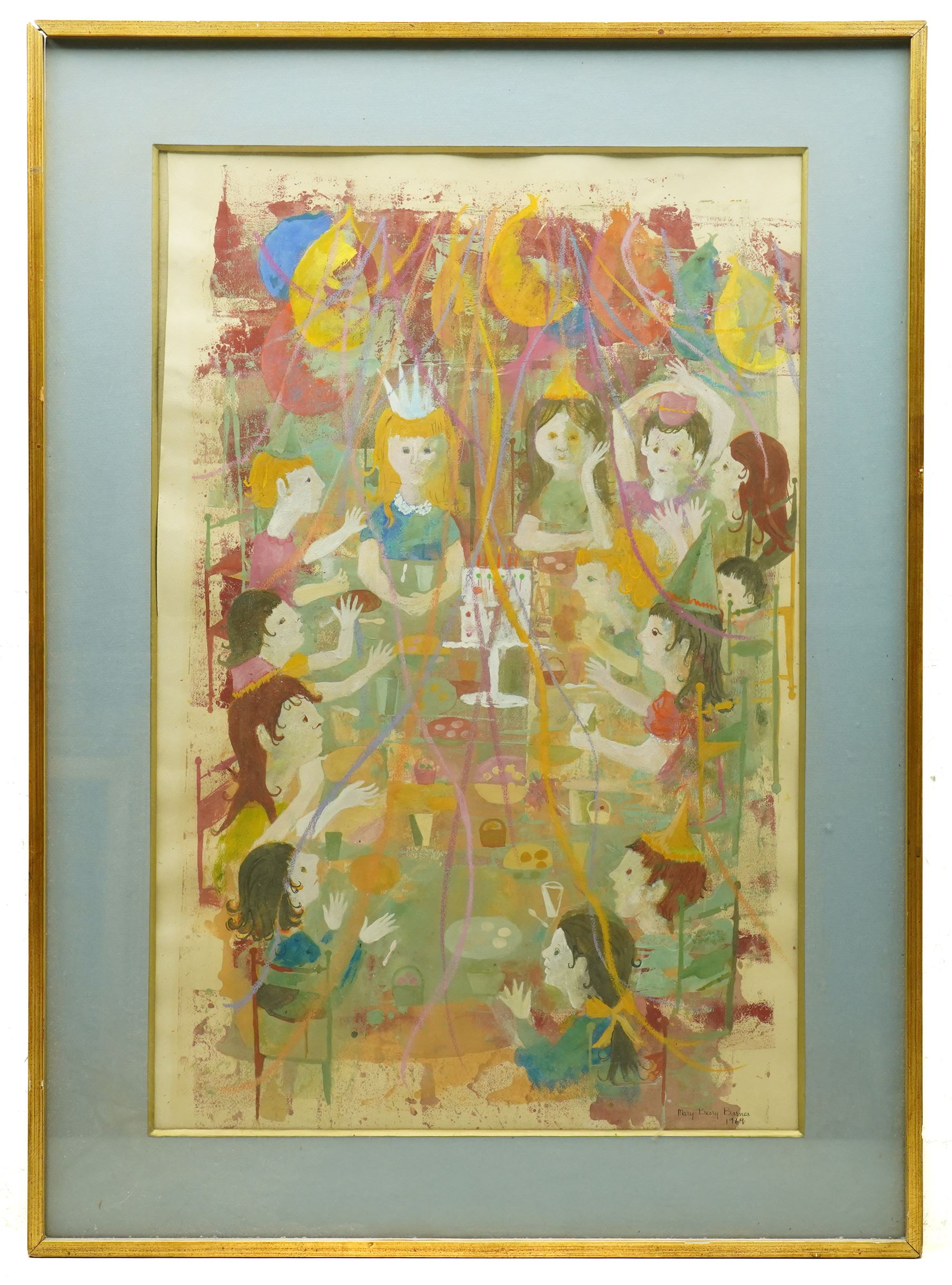 Mary Berry Barnes (American Mid-20th century): The Birthday Party, gouache signed and dated 1969, 61cm x 40cm