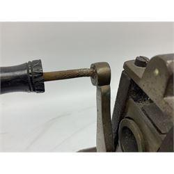 Victorian cuff and collar tabletop mangle, the ribbed brass rollers in a cast iron frame mounted on a wooden base