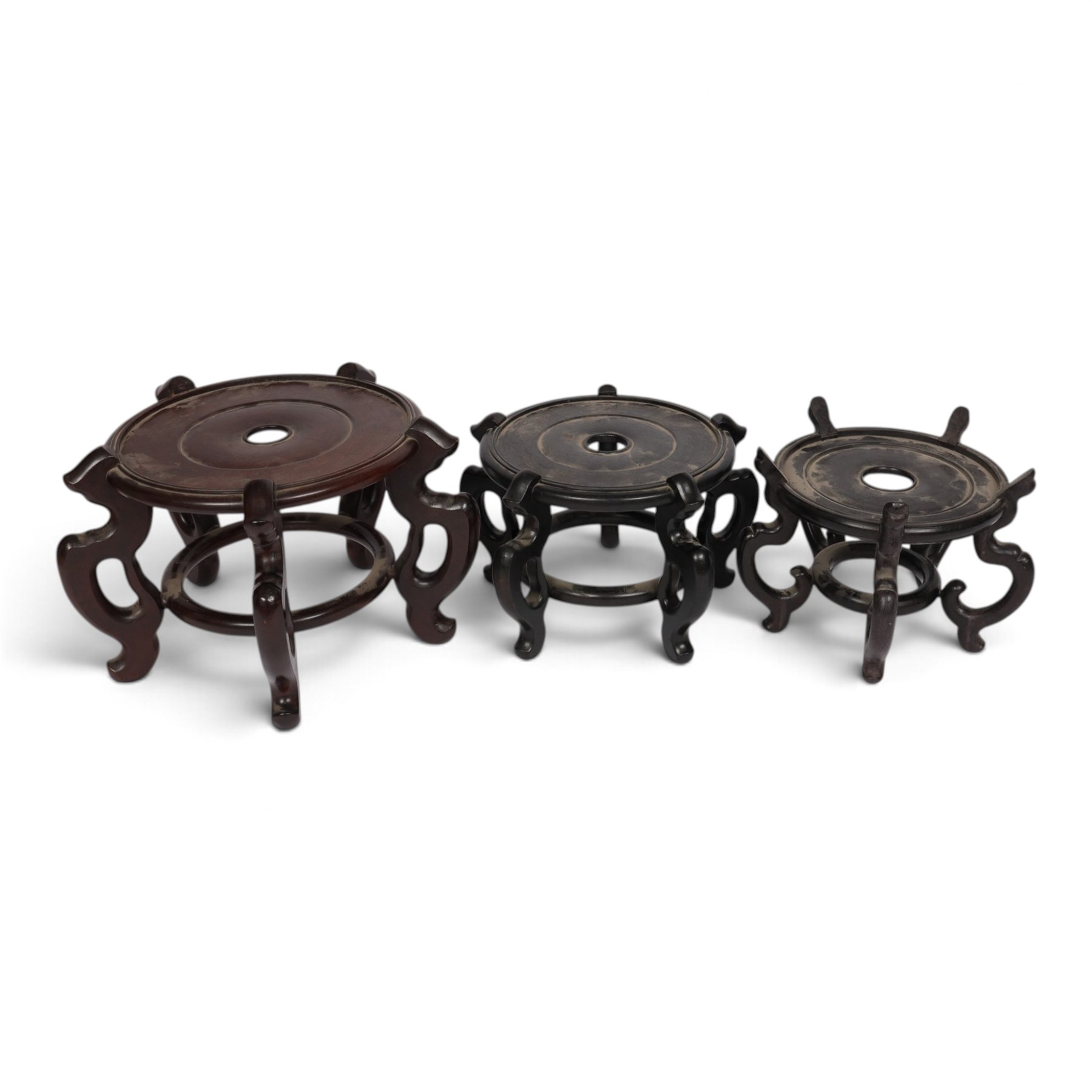 Five hardwood vase stands, for large vases, largest D36cm