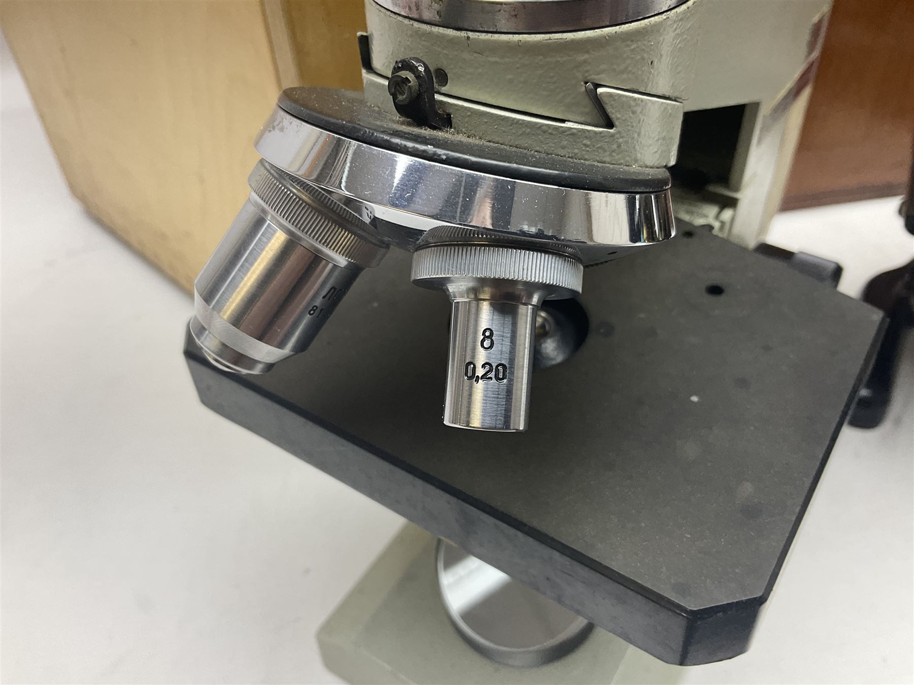 Four microscopes, comprising Nomo Biolam, RCS Zoo Lab 240, R Beck no 13756 and one other