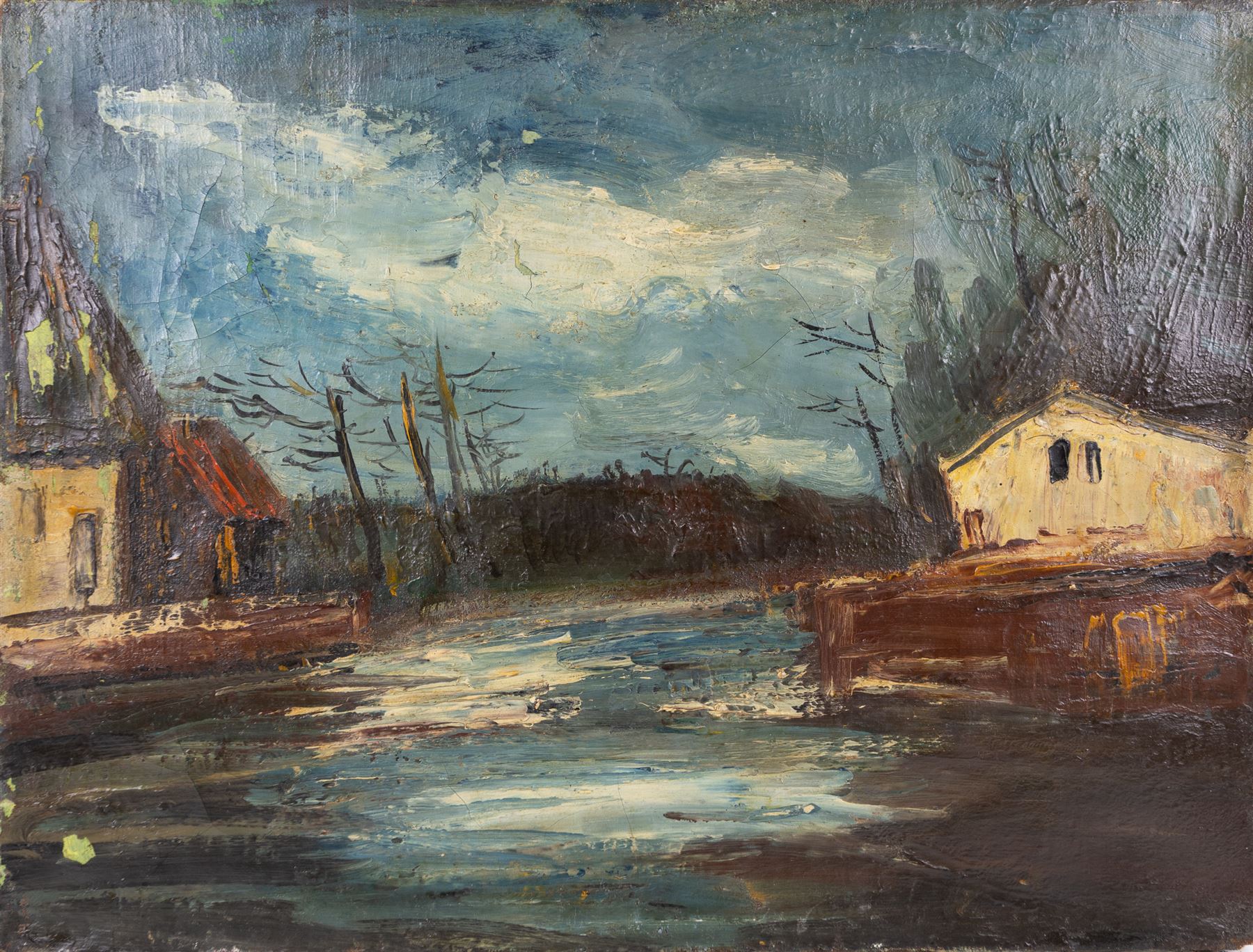 Manner of Maurice de Vlaminck (French 1876-1954): River and Village Scene, oil on canvas unsigned 46cm x 61cm (unframed)