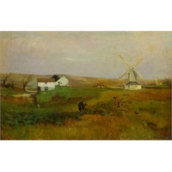 Willem Roelofs (Dutch 1822-1897): Windmill Landscape with Figures Picking Vegetables, oil on canvas signed 40cm x 60cm 