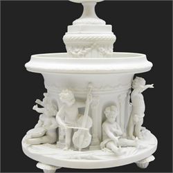 Volkstedt bisque centrepiece, with flower encrusted urn upon a circular reservoir detailed with applied putti playing instruments, marked, H40cm
 
