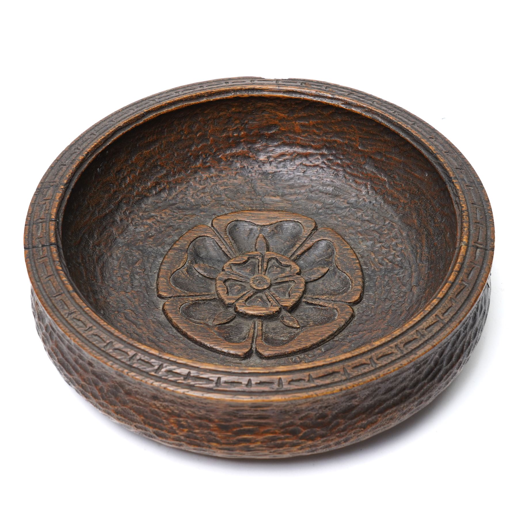 Carved bowl with central Yorkshire Rose motif, with white metal plaque, D25cm; and a similar turned bowl with white metal plaque, D22cm (2)