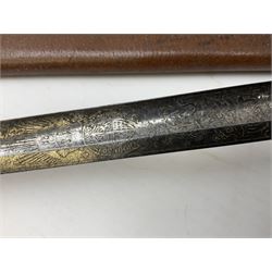 Victorian artillery officer's sword, the 90cm fullered steel blade by E. Thurkle Denmark Street Soho London decorated with Victoria cypher, Regimental crest and 'Royal Artillery', three-bar hilt with stepped pommel and wire-bound fish skin grip; in leather covered scabbard L107cm overall