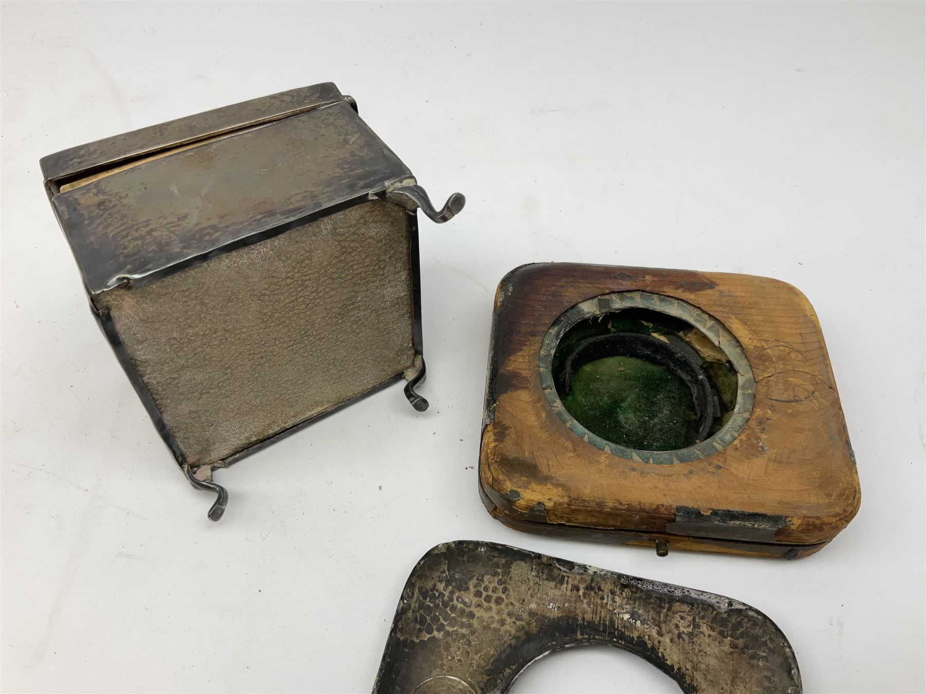 Pocket watch case with hammered silver mounted front, hallmarked Birmingham, together with a silver mounted square box, hallmarked Birmingham 