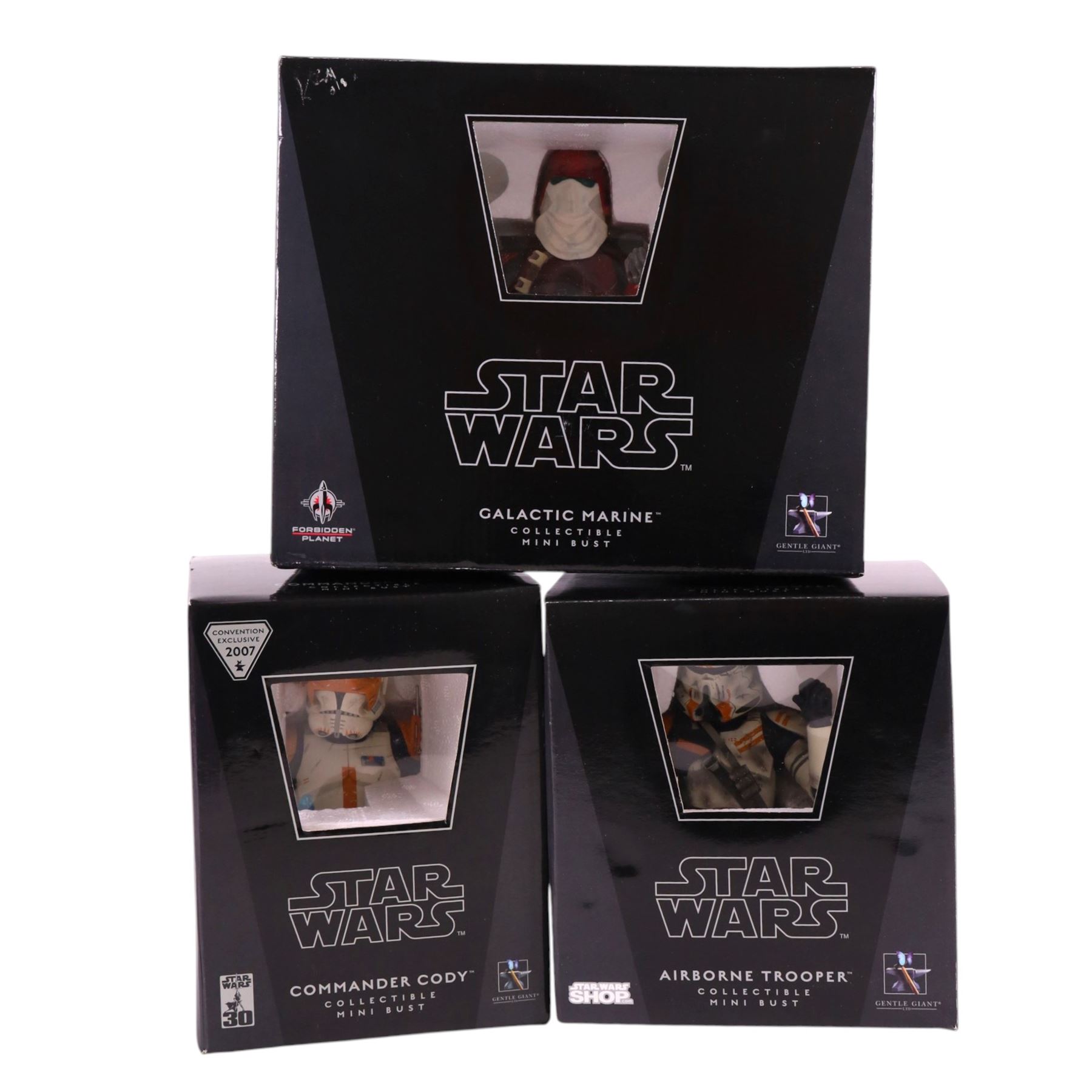 Three Gentle Giant limited edition Star Wars Collectible Mini Busts, comprising Convention Exclusive 2007 Commander Cody, Airborne Trooper and Galactic Marine, all boxed