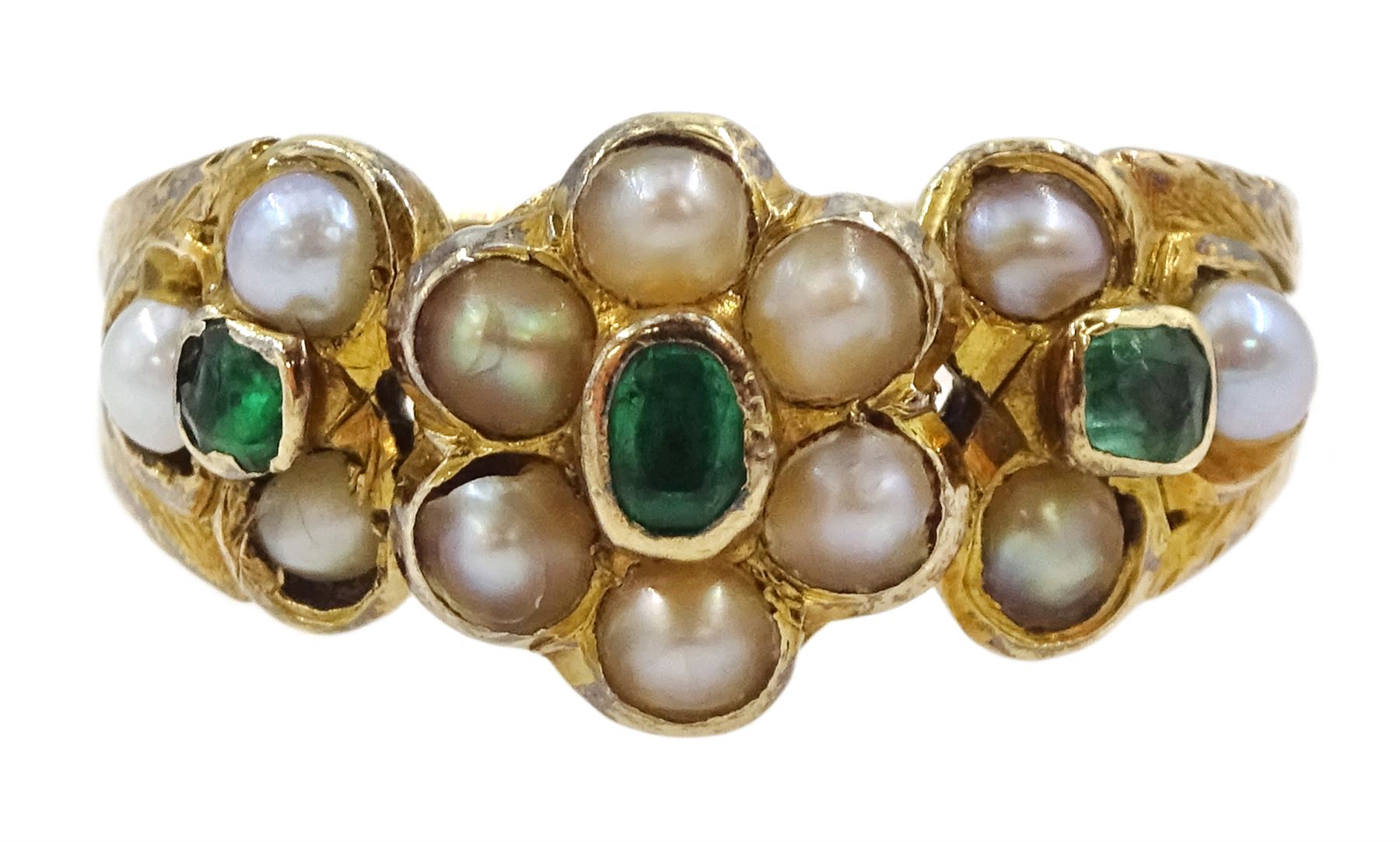 Victorian 15ct gold split pearl and green stone set flower head cluster ring