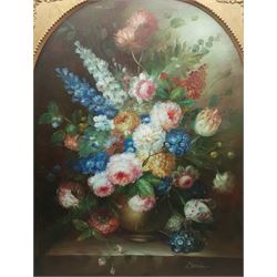L Earnest (20th century): Still Life of Flowers, oil on canvas signed 87cm x 67cm in heavy gilt frame