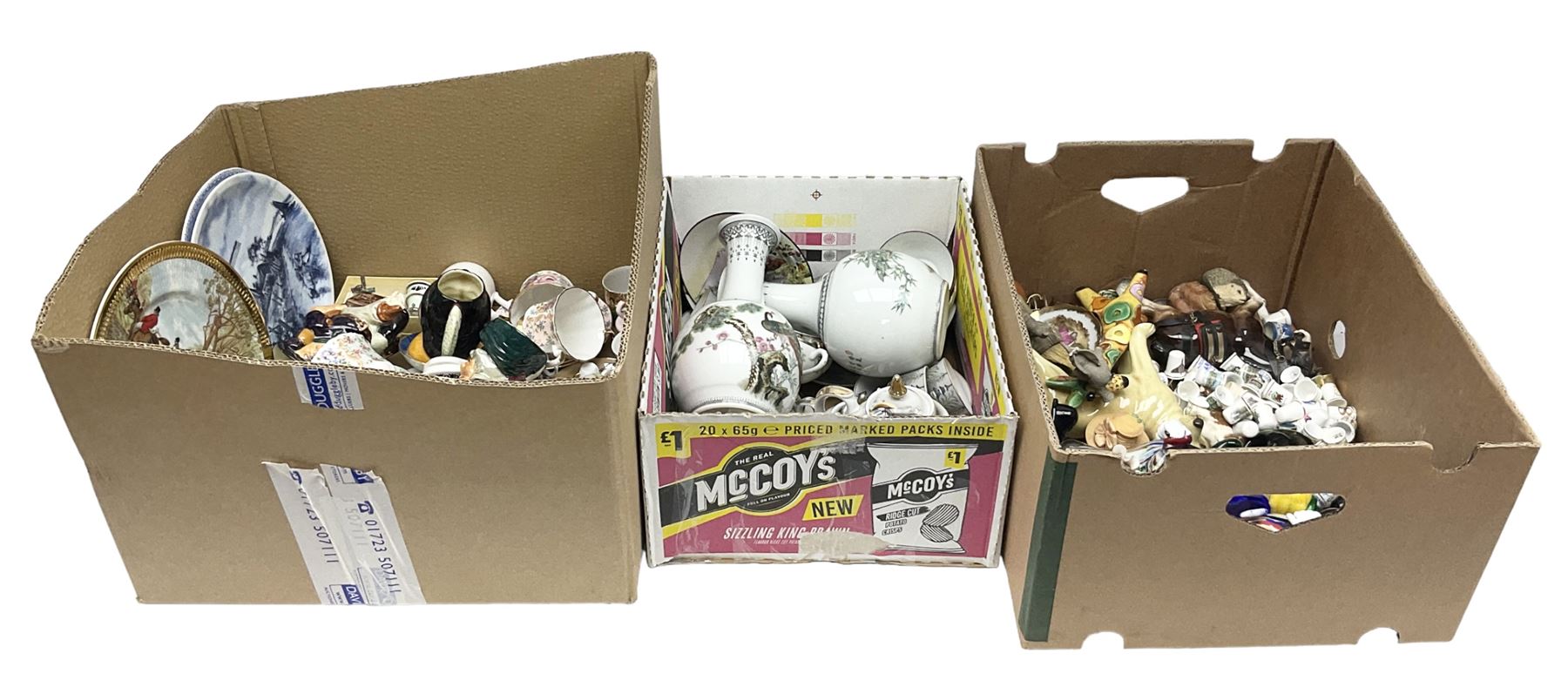 Quantity of ceramics to include Limoges egg box decorated with flowers, Limoges miniature furniture, Beswick bulldog and blue tit figures, Royal Worcester Palissy, pair of Chinese vases, Japanese tea wares, collection of thimbles, Crown Staffordshire, teawares, together with two Murano style glass clowns etc