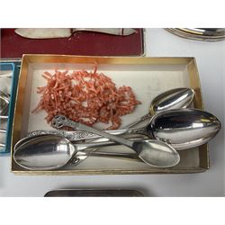 Pair of cut glass butter dishes, with hallmarked silver butter knives, together with a collection of silver plate including Georgian tankard, trophy cup and flatware, horn cutlery etc