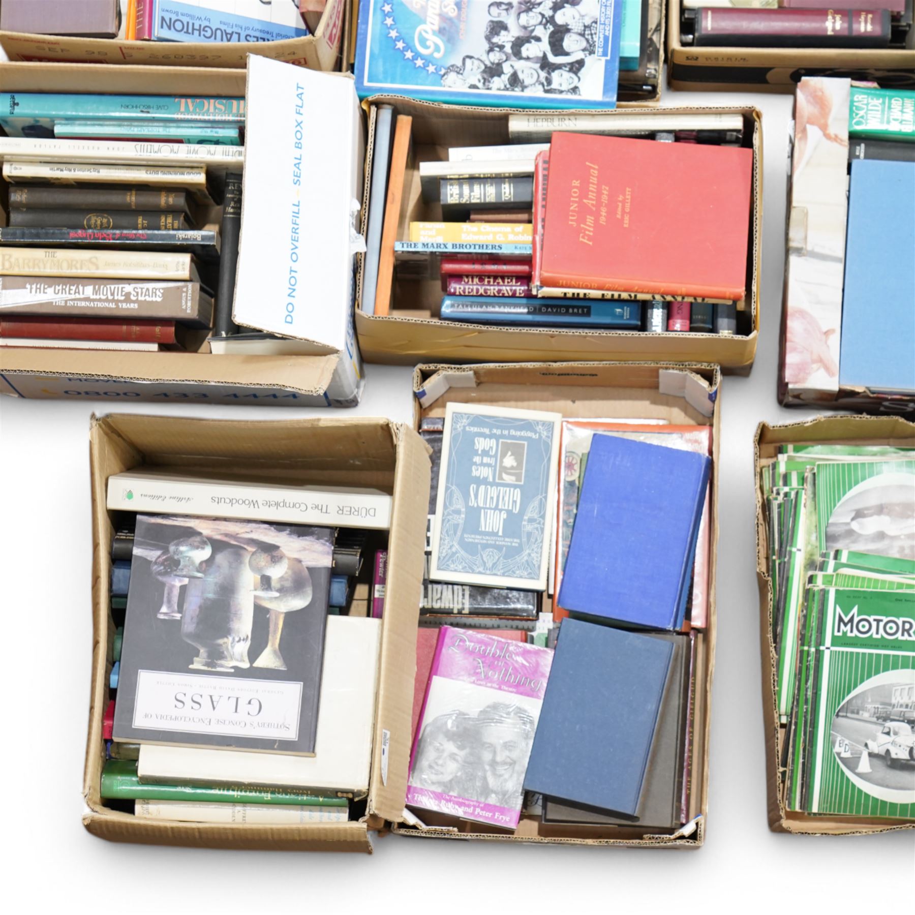 Large collection of mainly art and antiques reference books, and others, various classic car interest repair and history books including Bugatti and Jaguar etc, contents in seventeen boxes