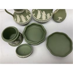 Collection of  Wedgwood green Jasperware, to include large jug, vases, trinket dishes, etc together with two teal Jasperware vases 