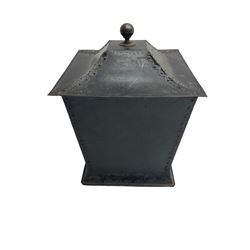 Art Nouveau period metal coal bucket with hinged lid, decorated with applied copper cartouches, with interior with metal liner 