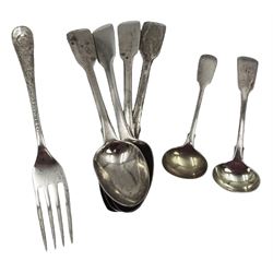 Group of silver, to include early 20th century set of four Fiddle pattern teaspoons, hallmarked London 1828, maker's mark WT, early 20th century Hanoverian pattern fork, with bright cut decoration and initials, hallmarked Cooper Brothers & Sons Ltd, Sheffield 1912 and two Fiddle pattern salt spoons, each with gilt bowls, the first example hallmarked Samuel Hayne & Dudley Cater, London 1846, and the second example hallmarked 	Josiah Williams & Co, London 1884