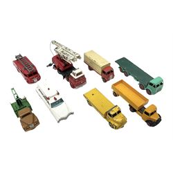 Dinky - eight unboxed and playworn/repainted commercial vehicles including Foden flatbed lorry, Bedford Articulated lorry, Leyland Comet Ferrocrete lorry, Guy Spratts panel van, Fire Engine, Jones Fleetmaster, Commer breakdown truck etc (8)