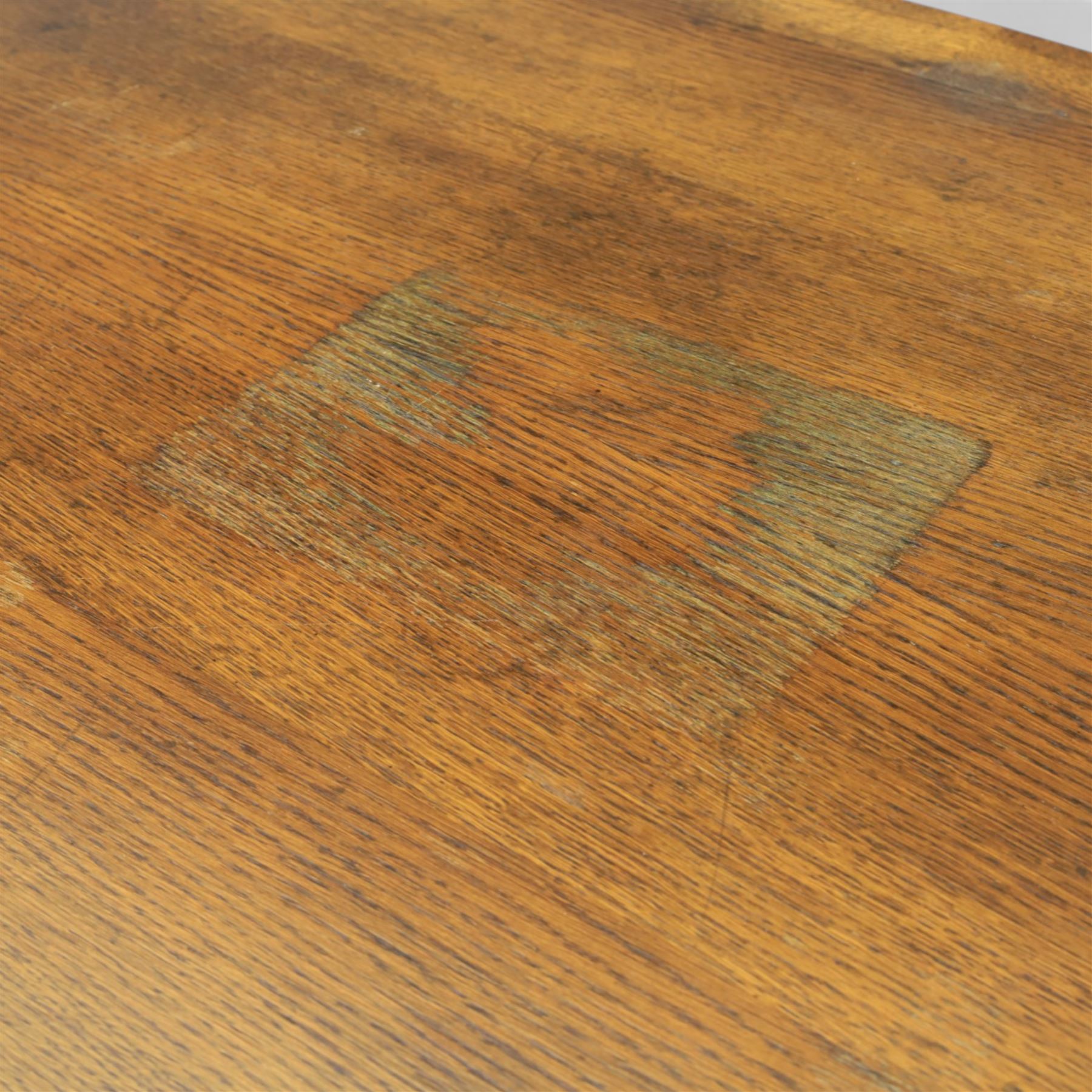 Titchmarsh & Goodwin - stained oak draw leaf dining table, raised on turned supports with H-stretcher, extends to 273cm