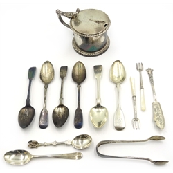  Late Georgian silver mustard engraved with the Eton college crest and motto, marks rubbed various flatware, approx 12oz gross  