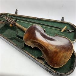 Late 19th/early 20th century violin with 36cm two-piece maple back and ribs and spruce top, stained pearwood finger board, 60cm overall, in ebonised wooden 'coffin' case with bow